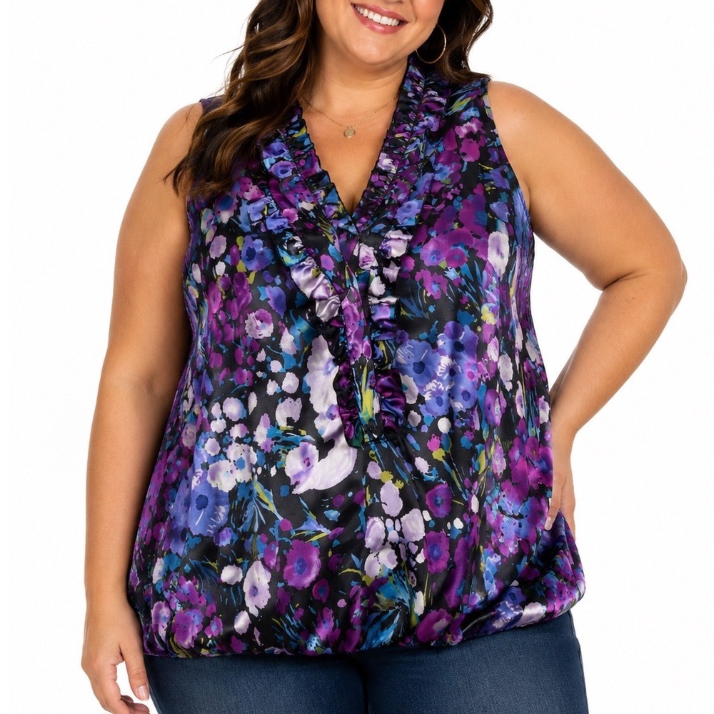 Sunny Taylor Woman Floral Ruffle Neck Satin Sleeveless Bubble Hem Blouse 1X